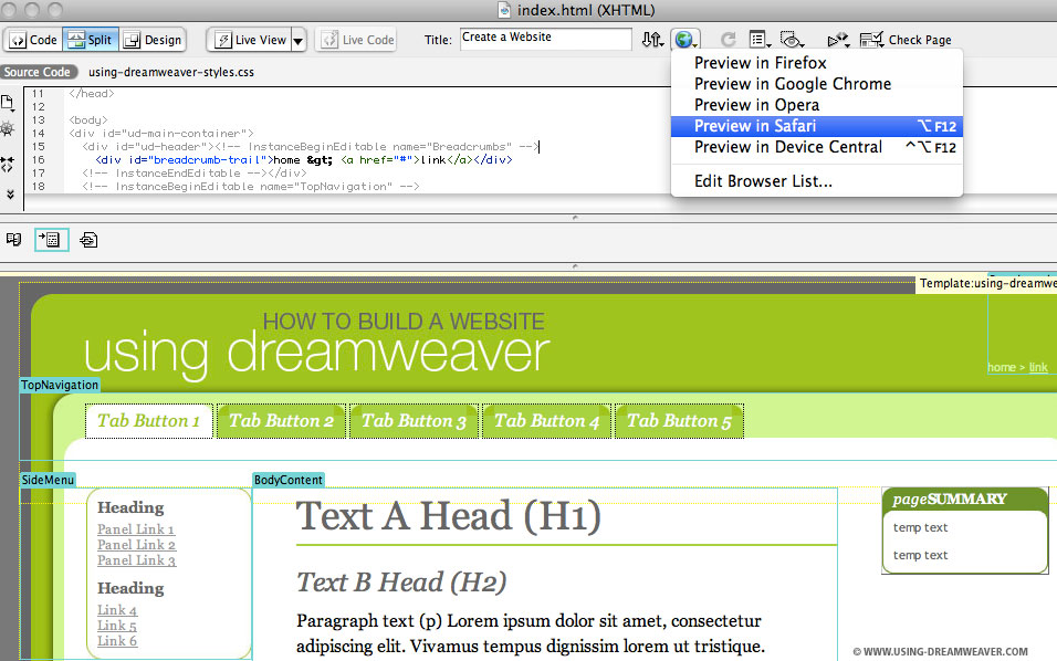 Create a Web Page from a Dreamweaver Template Using Dreamweaver